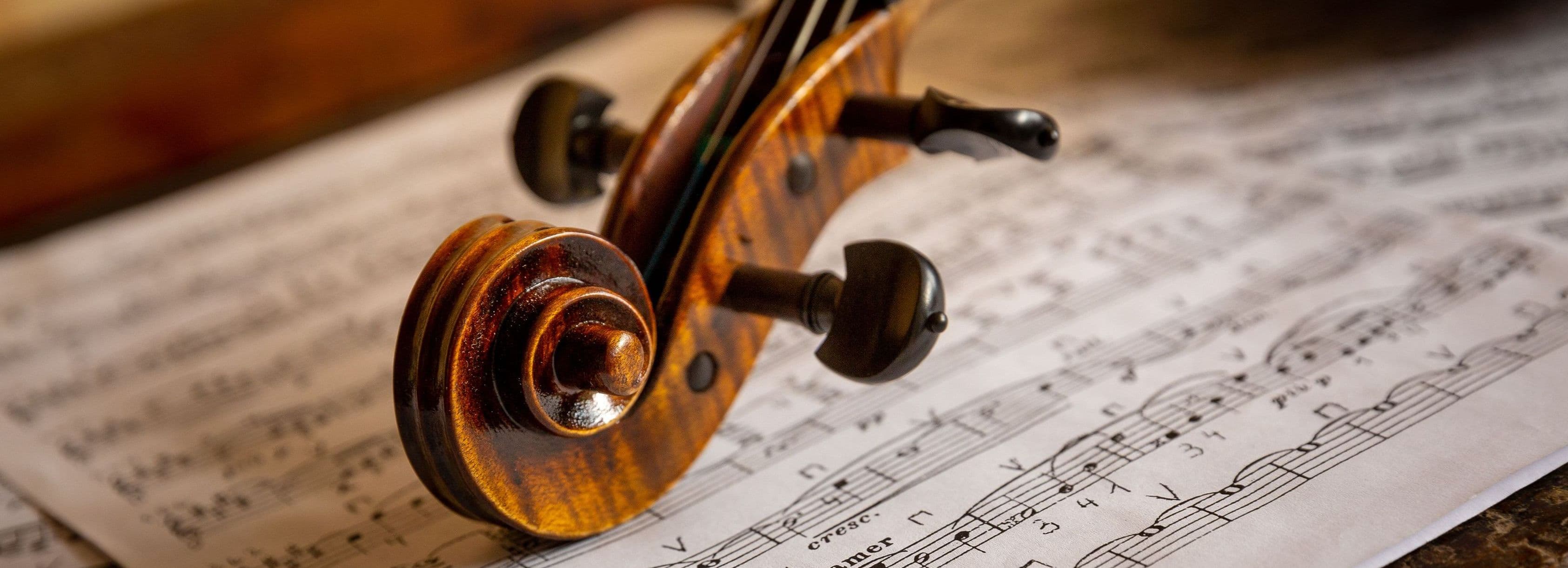 Eine Geige liegt mit Hals und Schnecke auf einem Notenblatt