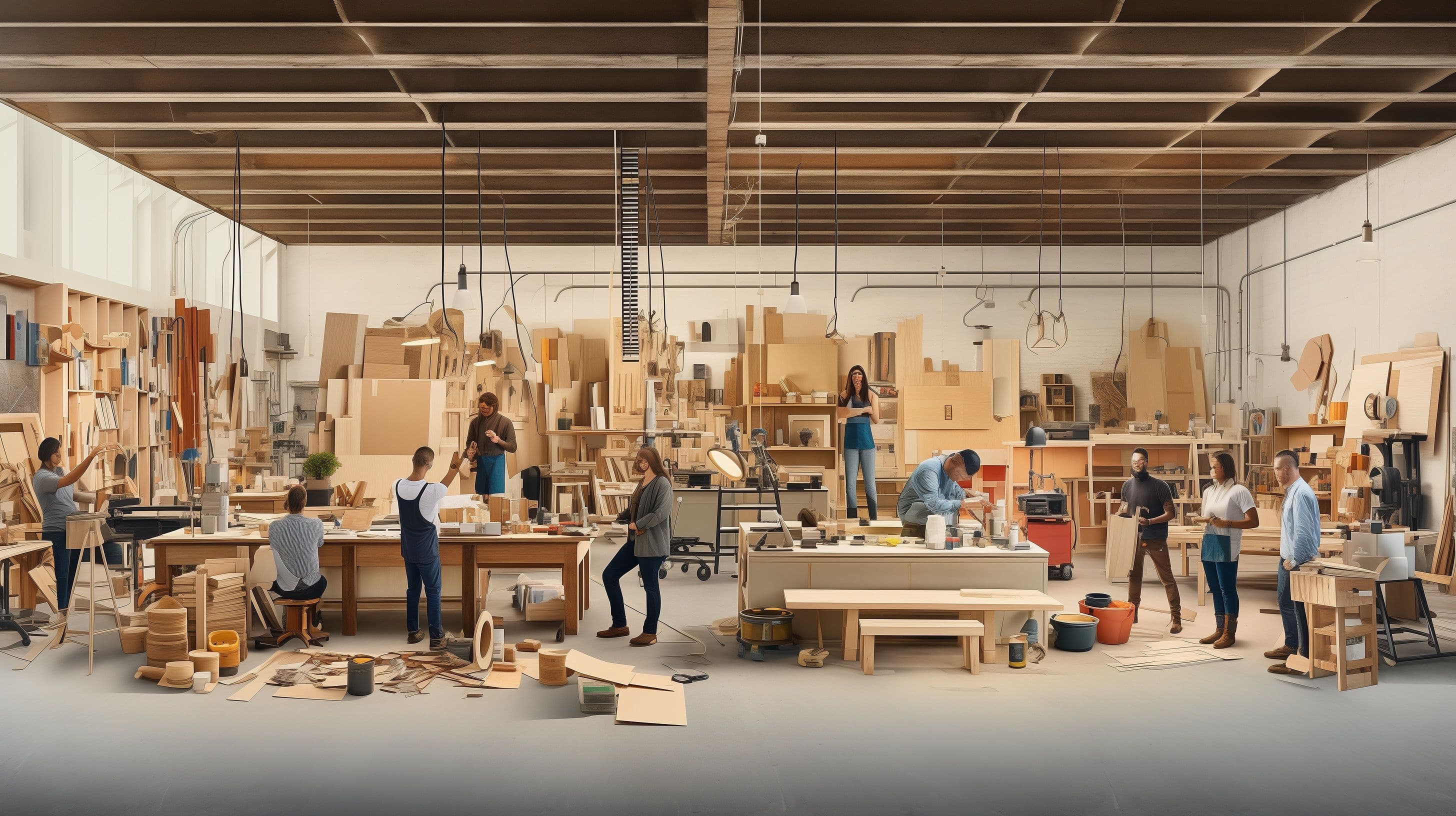 Auf einem KI-generierten Bild ist undeutlich eine große, fabrikähnliche Werkstatt mit viel Holz und Kartons, sowie zehn Menschen bei der Verrichtung verschiedener Tätigkeiten zu sehen